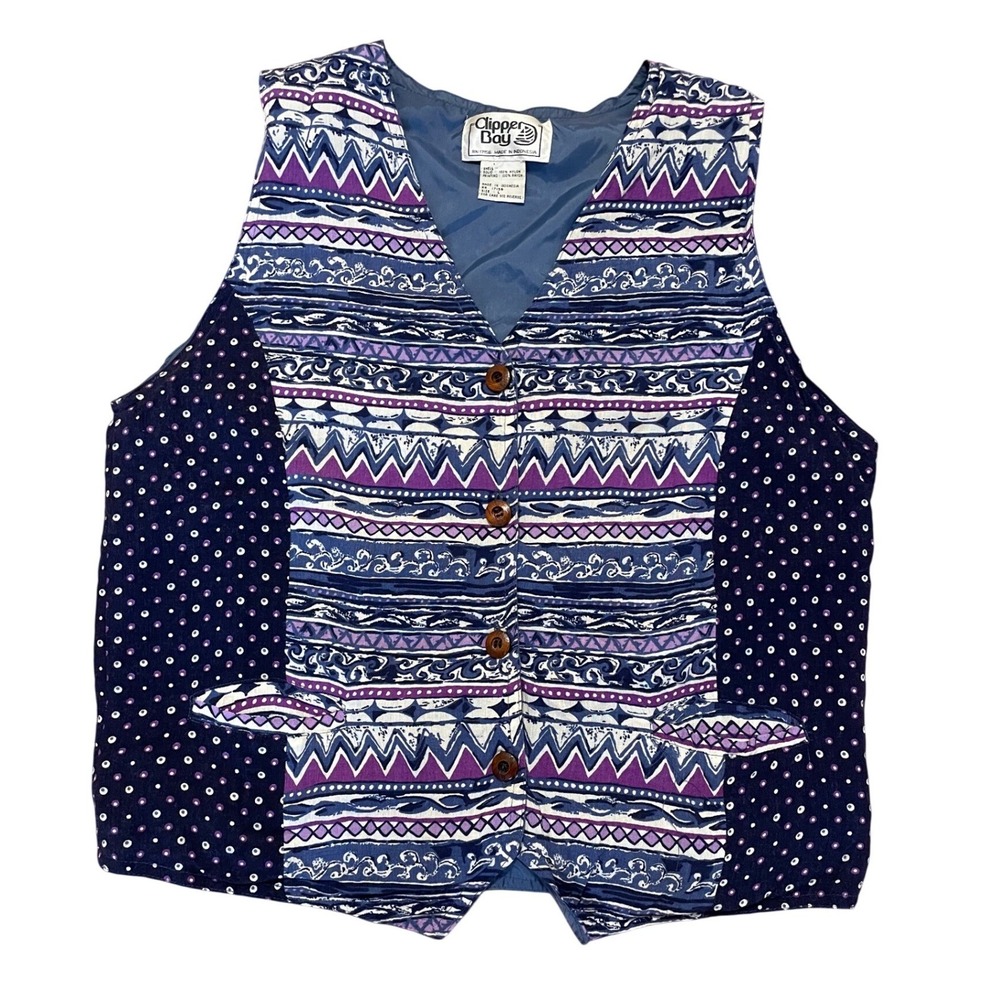 Clipper Bay‎ Vintage Vest Large Geometric Polka Dot Print Button Front Vest Boho